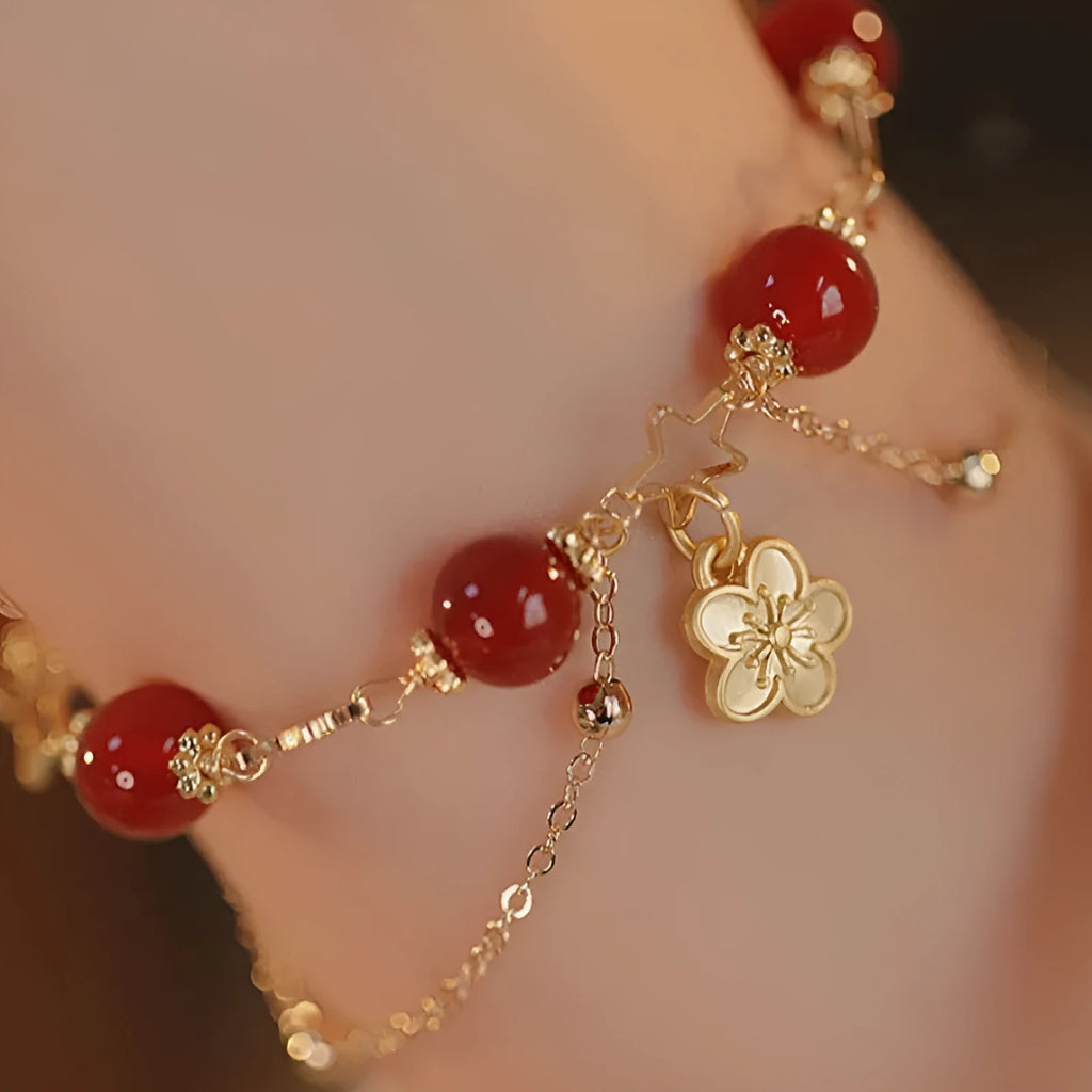 Red agate double layer bracelet with peach blossom motifs for women