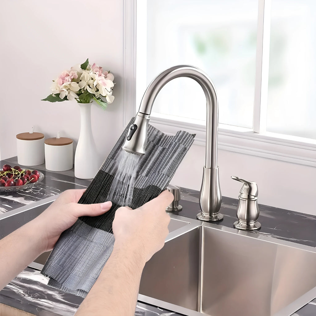 PVC non-slip placemat in gradient bamboo design protecting a kitchen countertop.