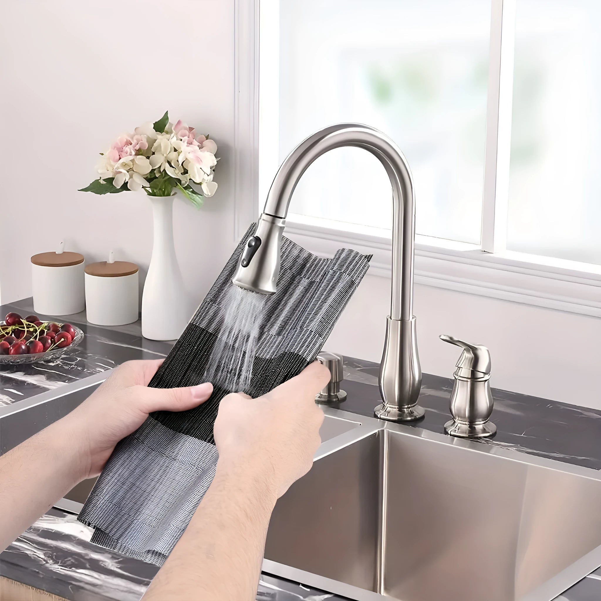 PVC non-slip placemat in gradient bamboo design protecting a kitchen countertop.