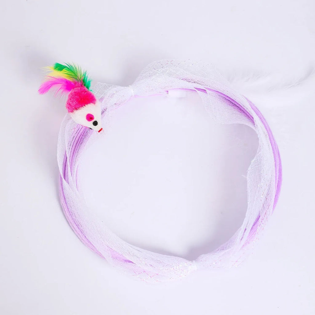 Bendable S-type cat tunnel toy with elastic net and feather lures on a flexible steel wire frame.