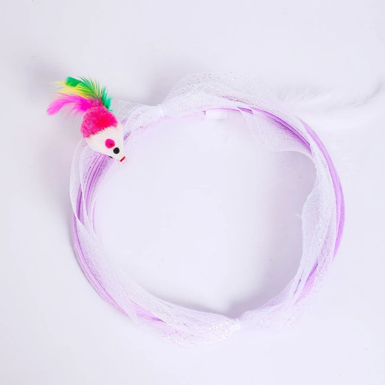 Bendable S-type cat tunnel toy with elastic net and feather lures on a flexible steel wire frame.