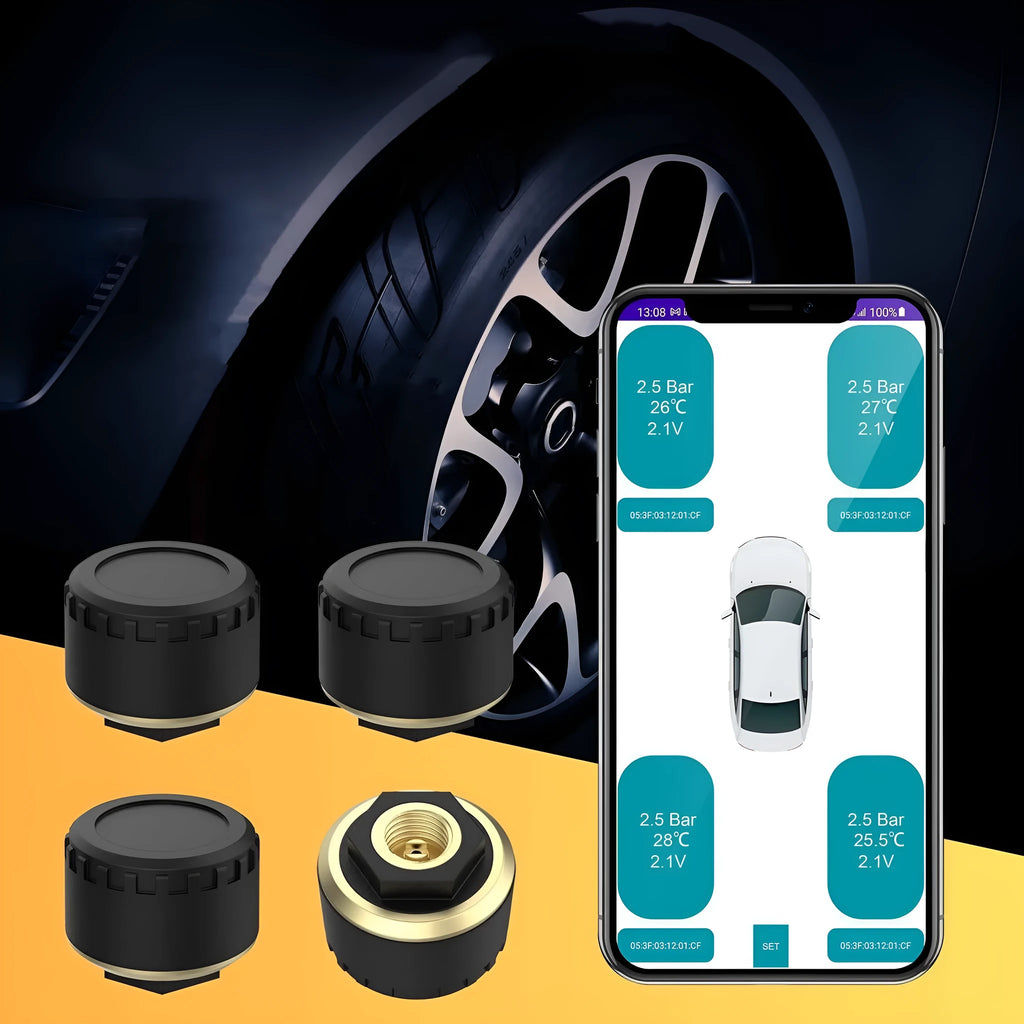 Black Bluetooth tyre pressure monitor sensor set with IP67 rating and app display capability for cars