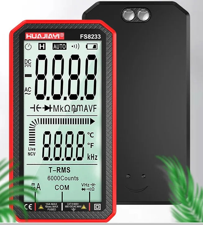 Large screen digital multimeter in black with automatic ranging and high precision display