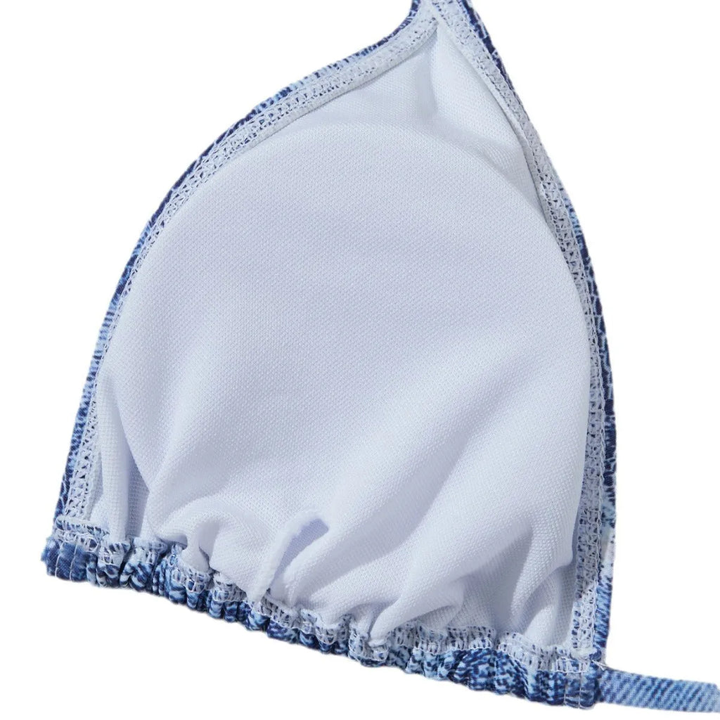 Women's denim blue printed bikini set with strap design, showing front and back views
