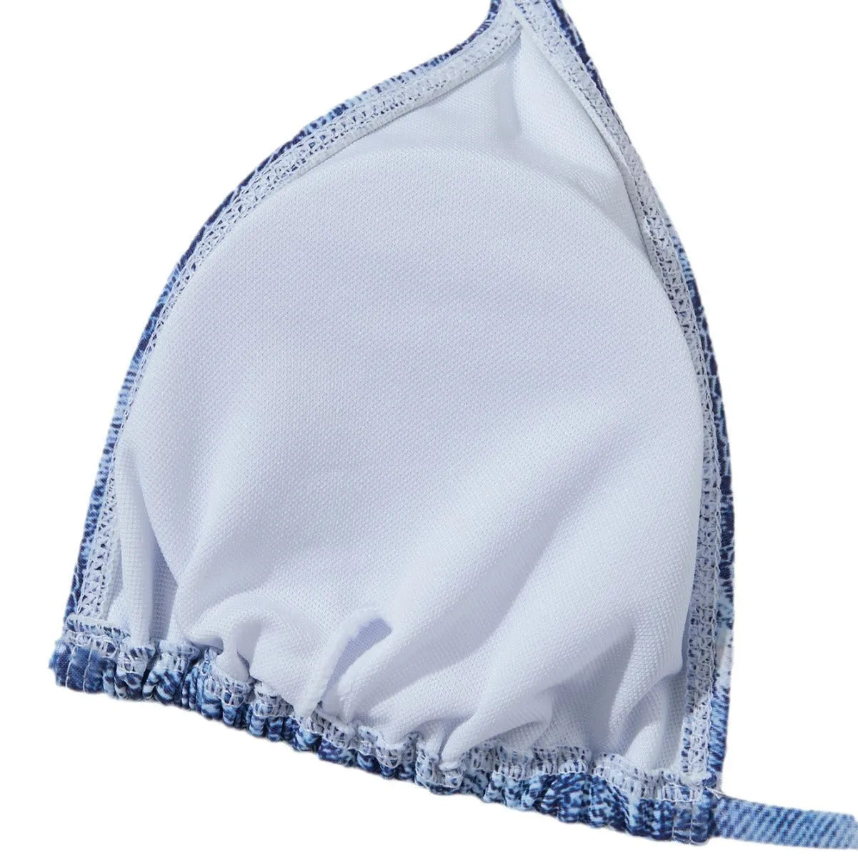 Women's denim blue printed bikini set with strap design, showing front and back views