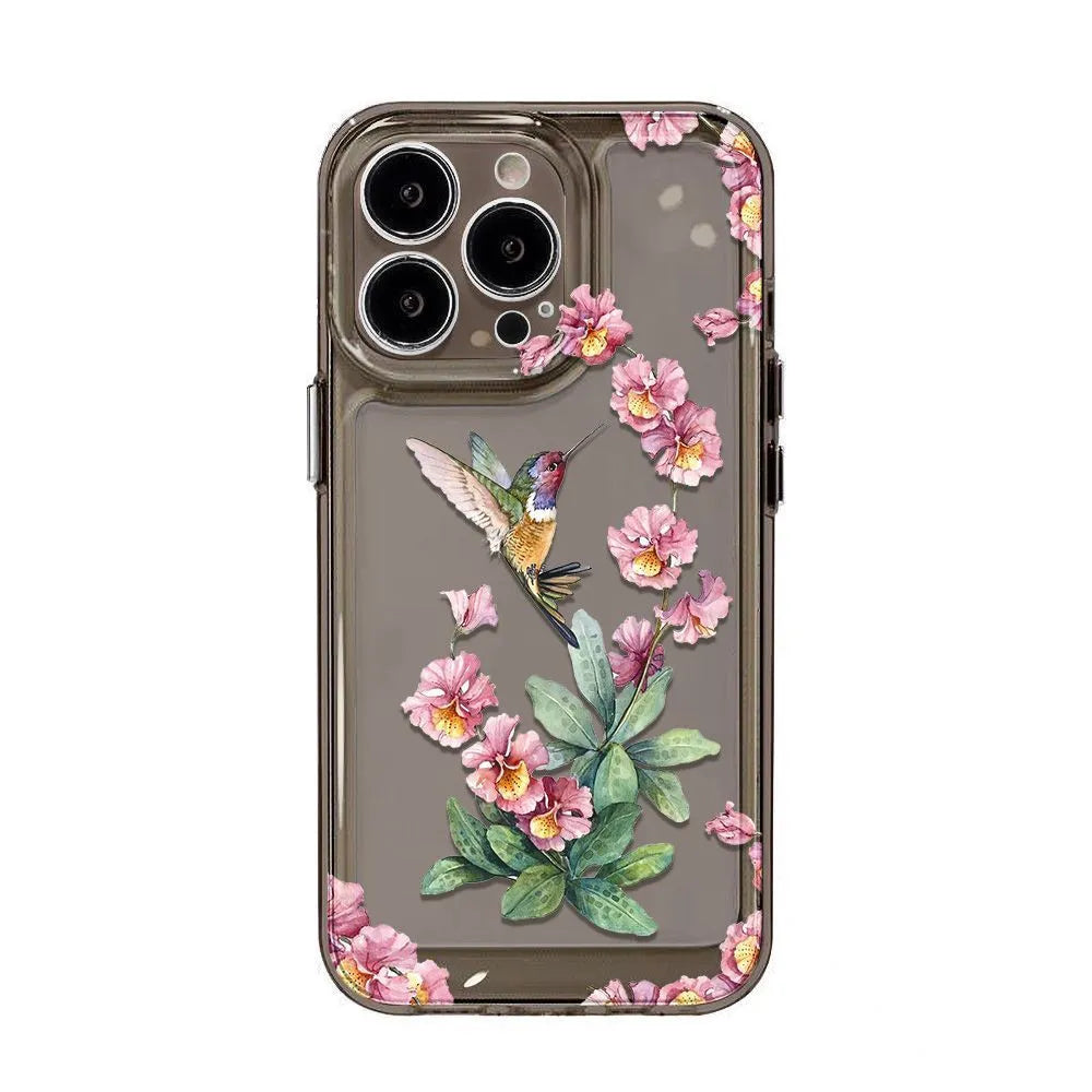 Flower Magpie fine hole all-inclusive TPU phone case for iPhone, transparent black, shockproof