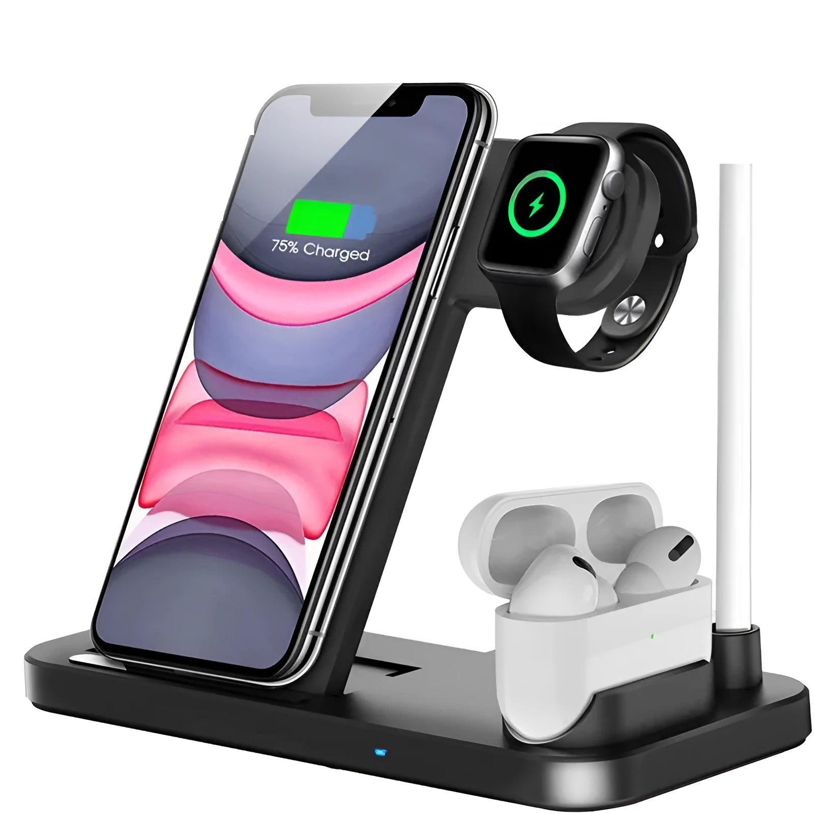 Black folding 4-in-1 wireless charger standing vertically, charging an iPhone and an Apple Pencil.