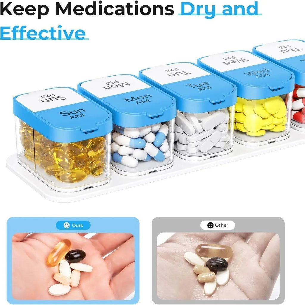 Large white plastic pill organiser box with 14 detachable compartments shown both assembled and separated.