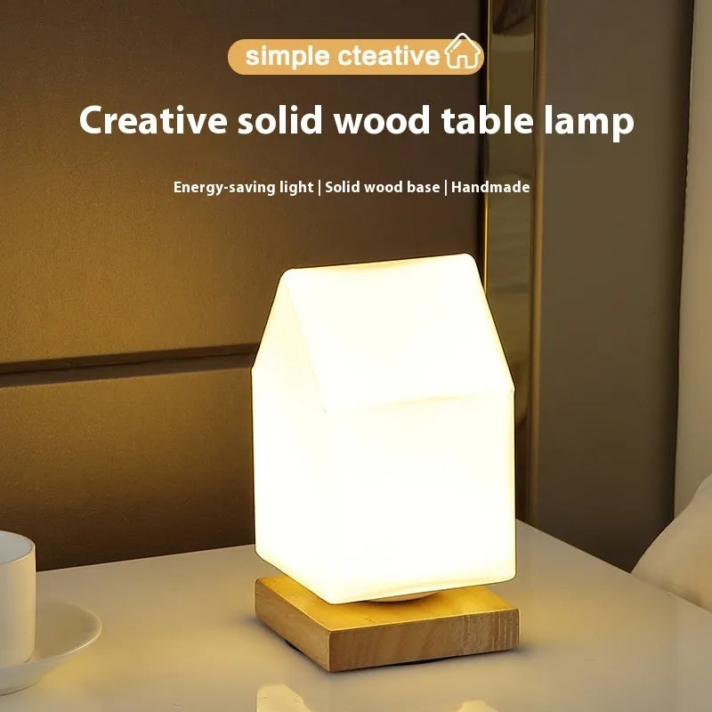Nordic solid wood USB table lamp with white flower-shaped light and touch controls