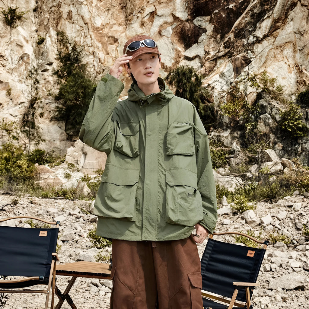 Korean style synthetic fibre blend teen jacket with 3D patch pocket in black, green, beige options, sizes S to 3XL