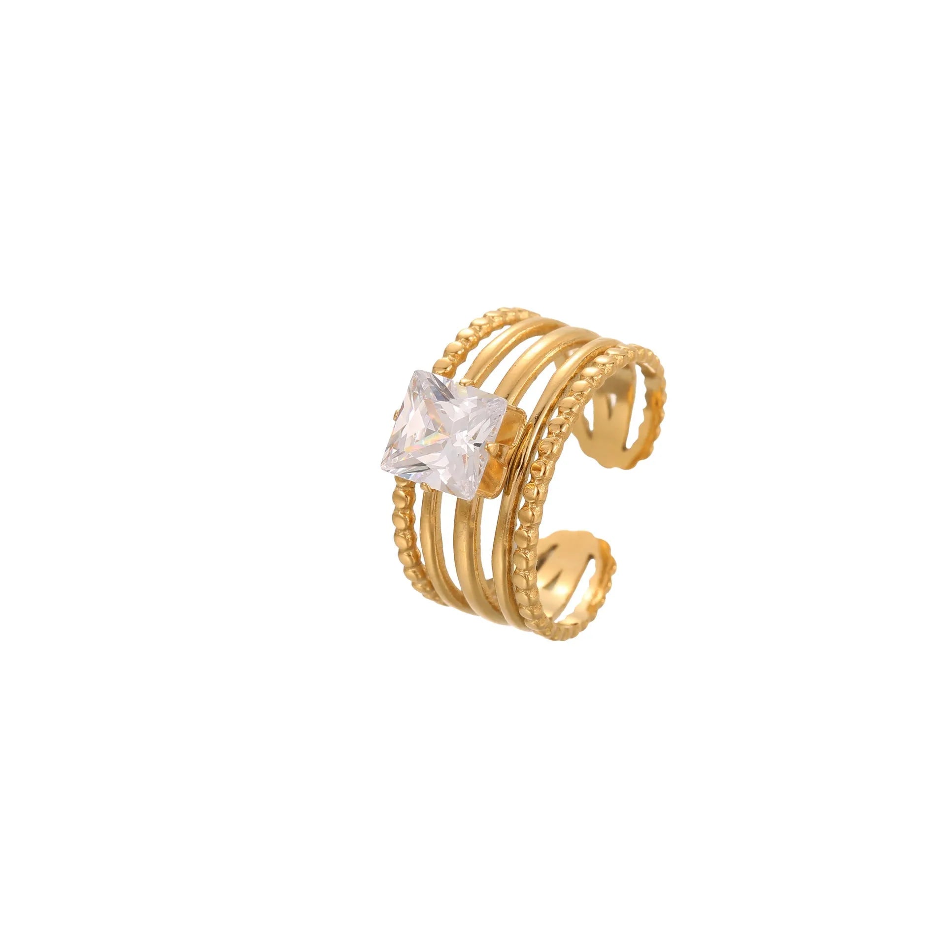 Gold-inlaid zircon geometric stainless steel ring with open mouth design on a white background.