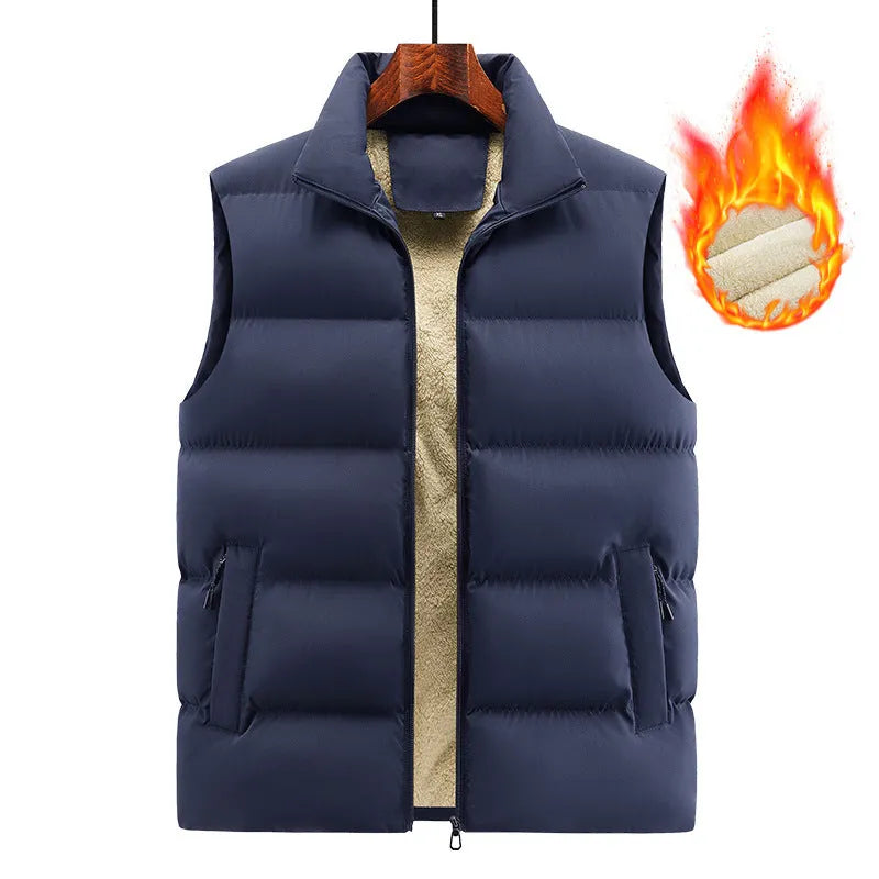 Men's striped lambswool vest in black, shown on a hanger for autumn and winter wear.