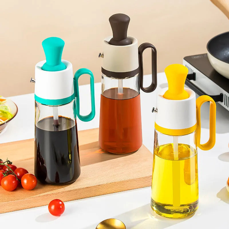 2 in 1 oil dispenser with silicone brush, 550ml soda glass bottle, 304 stainless steel nozzle, yellow green brown