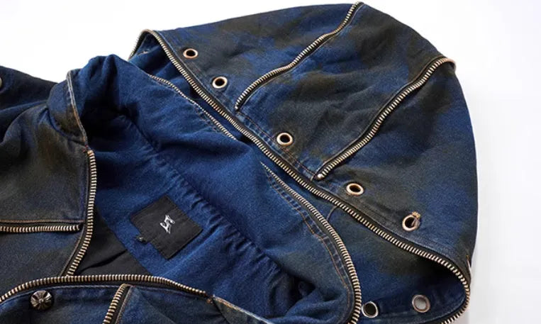 Blue hooded denim vest coat with matching trousers, men's Korean-style outfit set