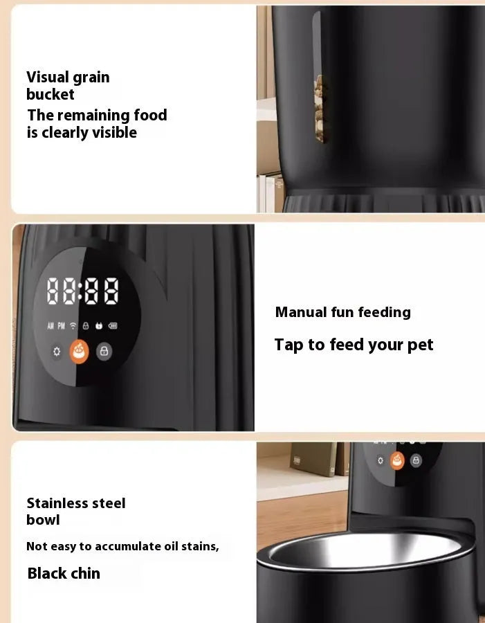 Black and white smart automatic pet feeder with USB cable and mobile app display showing feeding schedule.