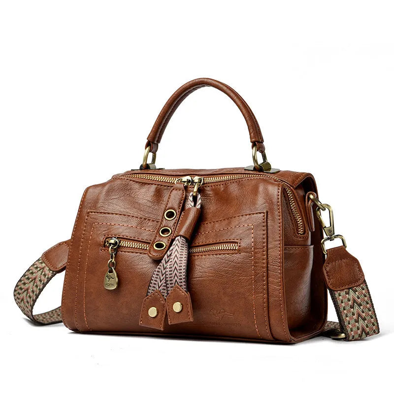 Women's soft PU retro crossbody bag in horizontal square shape with sandwich pocket exterior