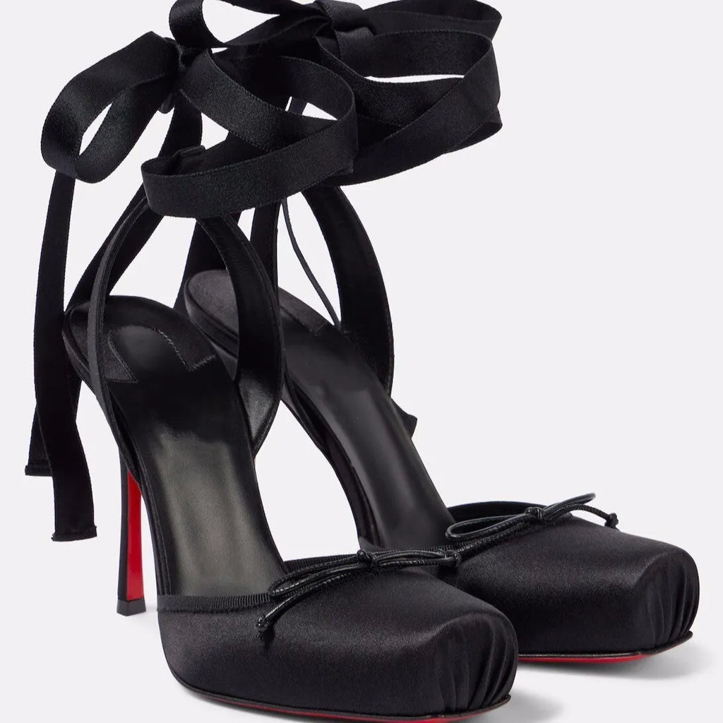 Women's stiletto heel square toe sandals with satin upper in multiple colours including apricot and black