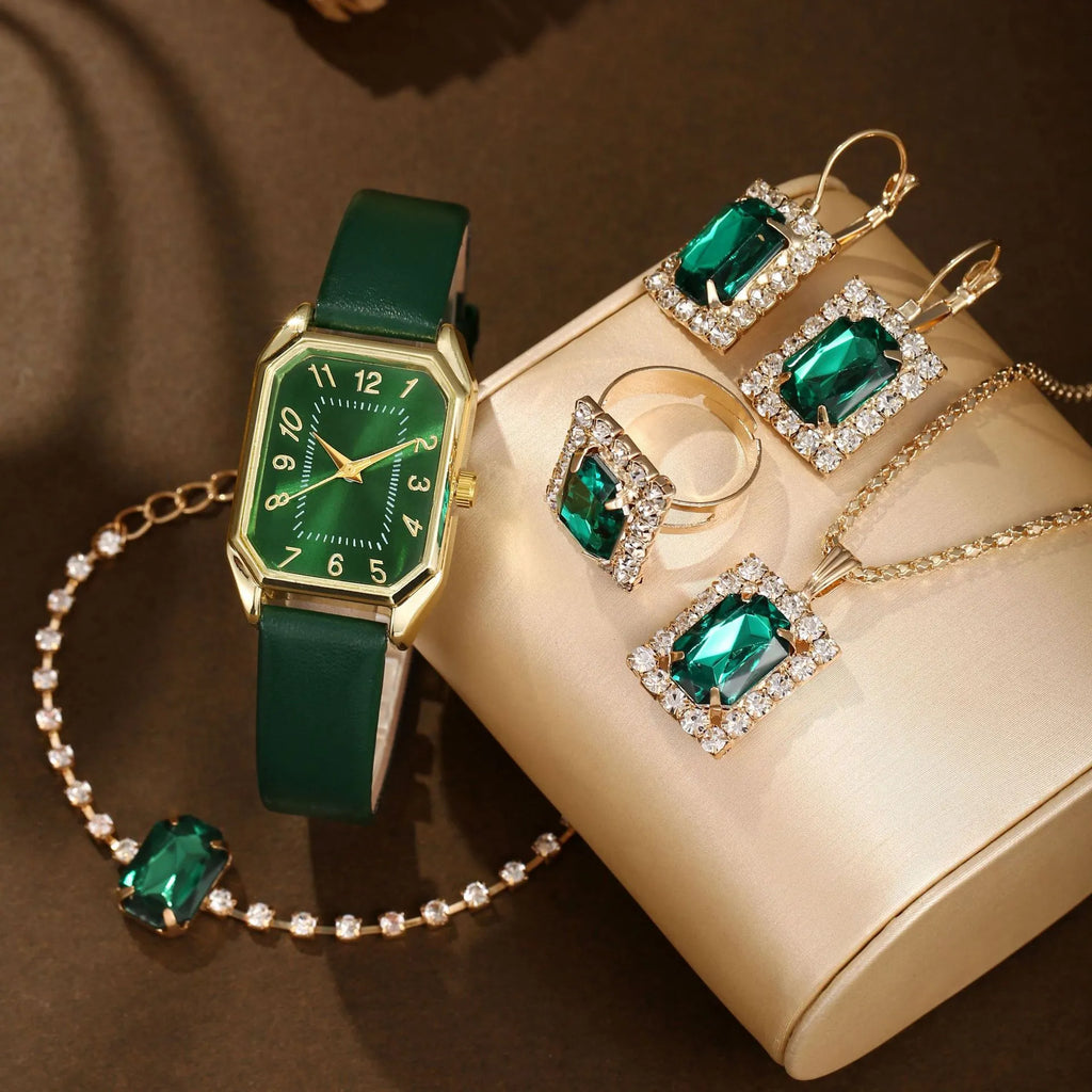 Leather women's square quartz watch set with rhinestone jewellery necklace earrings ring in white