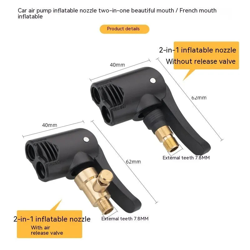 Two-in-one vehicle air pump inflatable nozzle with 16cm hose and two connector chucks.