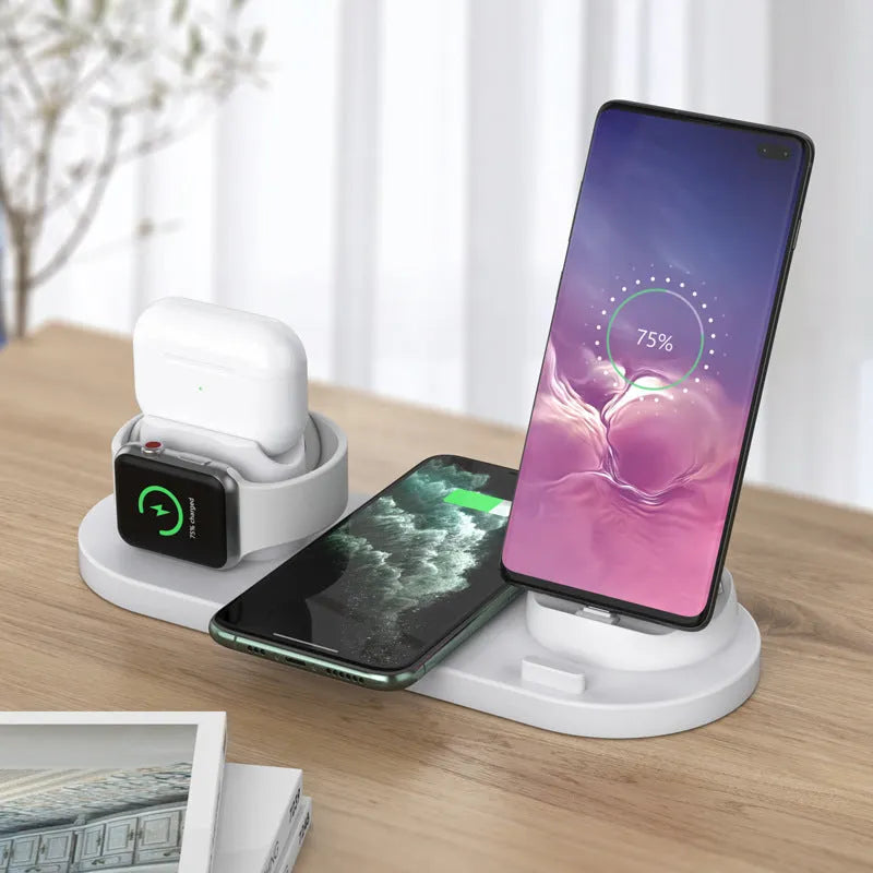 Black and white 6-in-1 wireless charging station for mobile phones, AirPods, and iWatch with USB cable