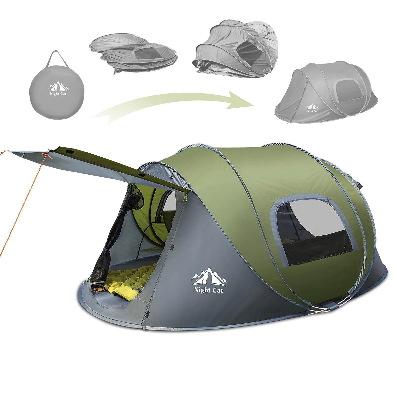Dark green instant pop-up camping tent shown with automatic deployment mechanism and waterproof rainfly