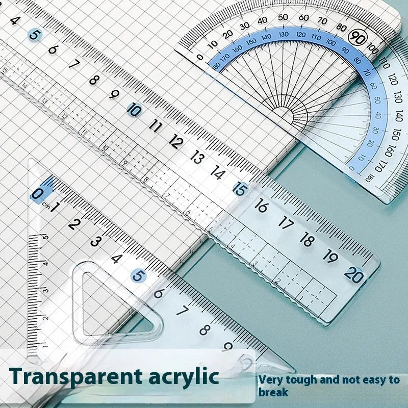 Transparent acrylic ruler set with square protractor for geometry and drafting projects