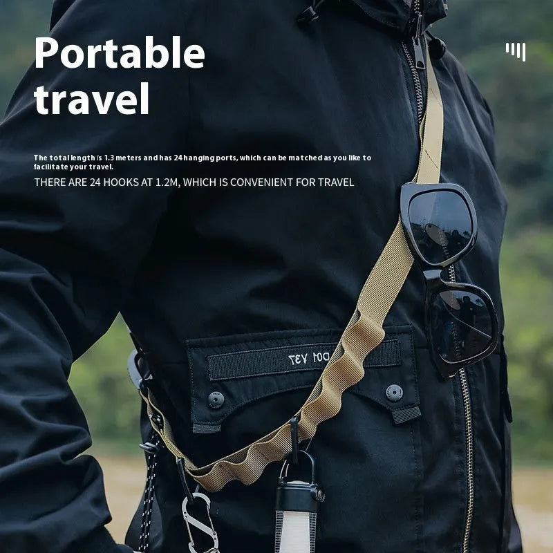 Black multifunctional hanging rope storage belt with buckle, coiled to show its 130cm length.