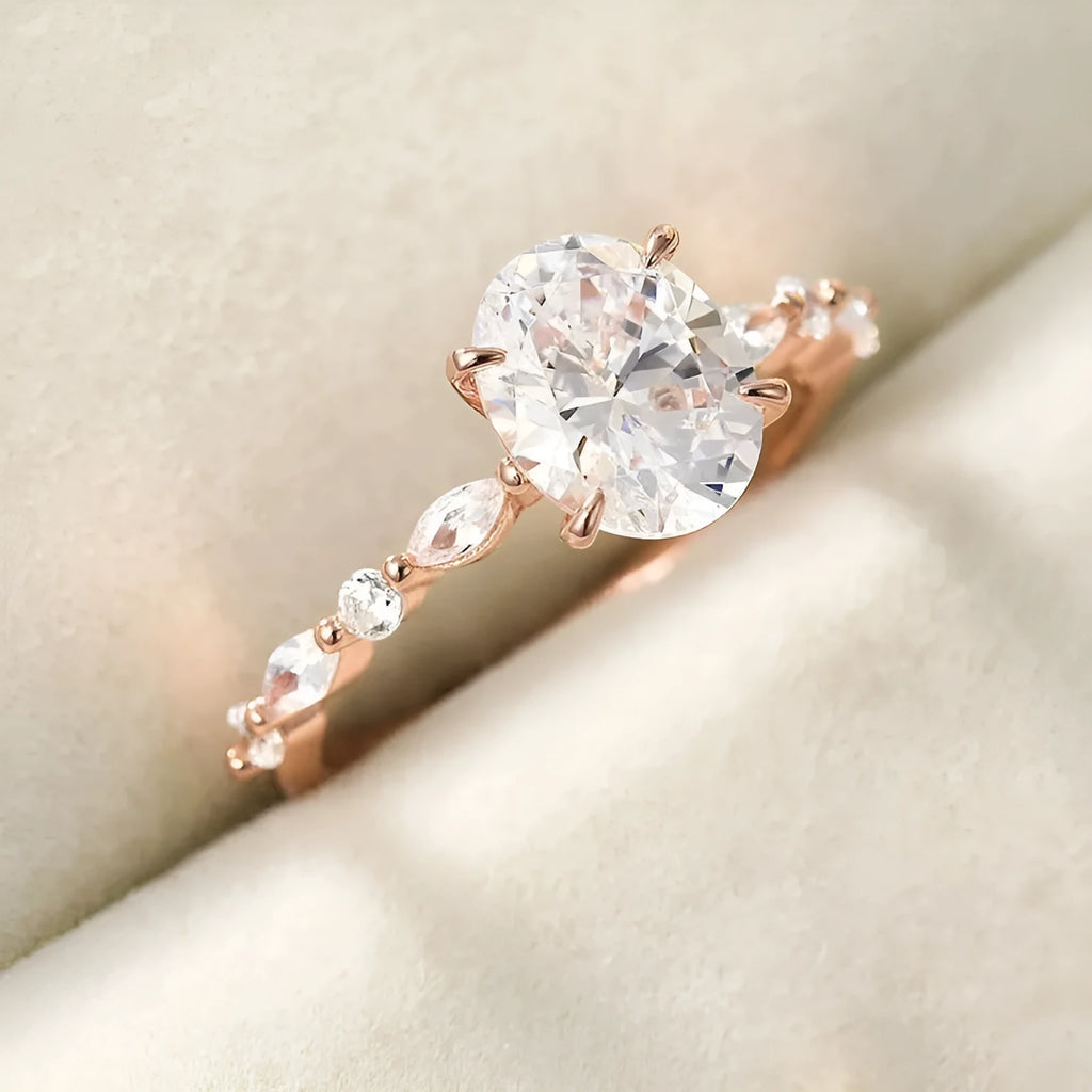 Silver geometric zircon ring on white background, available in gold and rose gold finishes