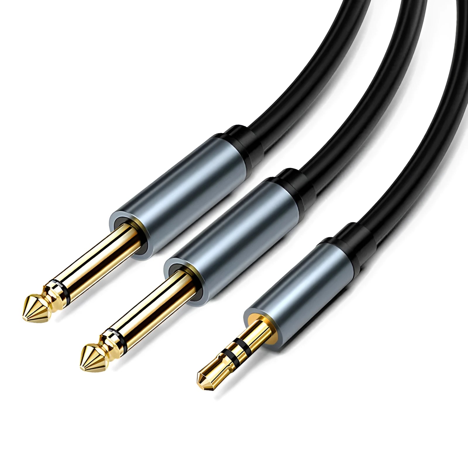 3.5mm to two 6.35mm male plug audio Y-cable in black with gold-plated connectors.