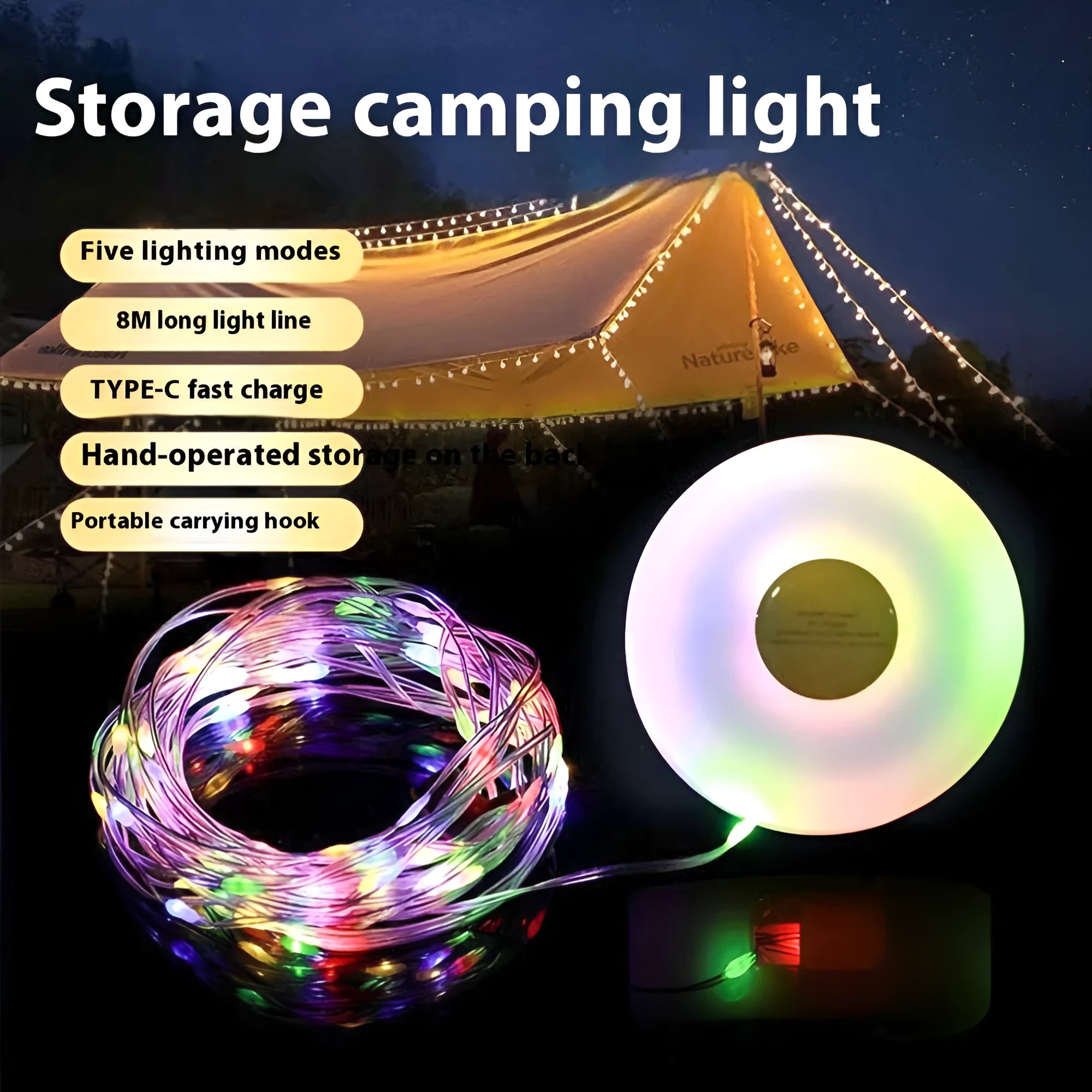 Rechargeable outdoor LED string lights with 30 beads on an 8-metre cord, showing both colourful and warm white light options.