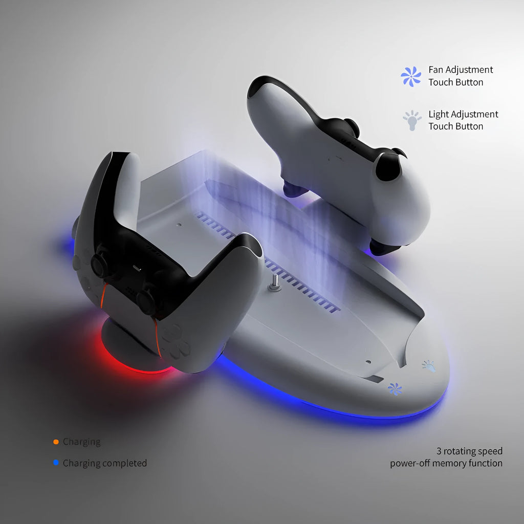 White PS5 Slim multi-function charging station with RGB ambient light and cooling fan.