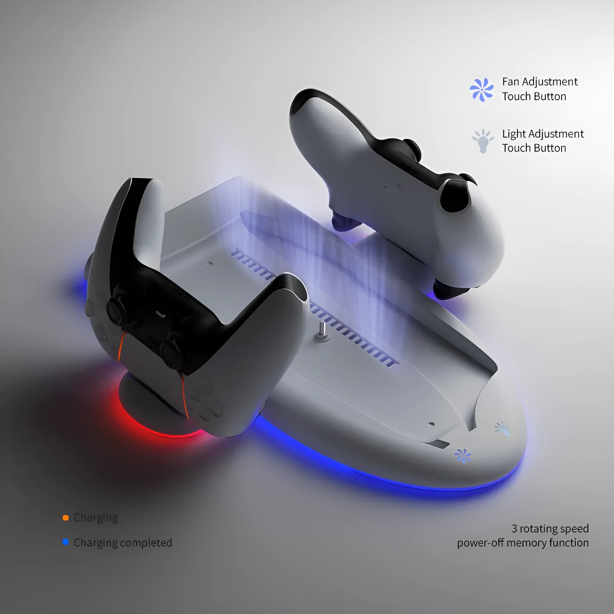 White PS5 Slim multi-function charging station with RGB ambient light and cooling fan.