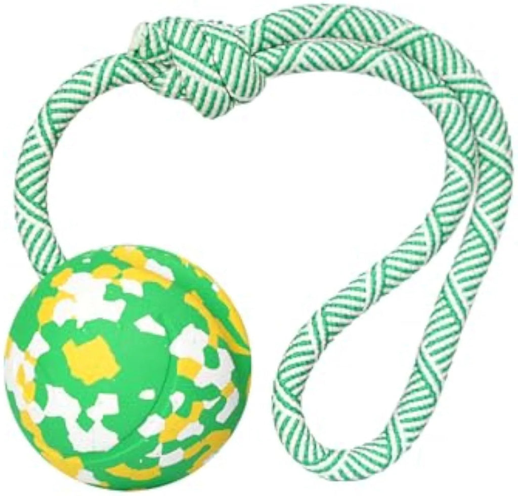 Natural rubber dog ball on nylon rope toy in L and S sizes for medium and small dogs
