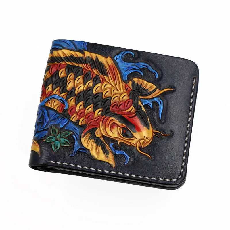 Men's cow leather wallet in red showing open closure and 10x12cm dimensions