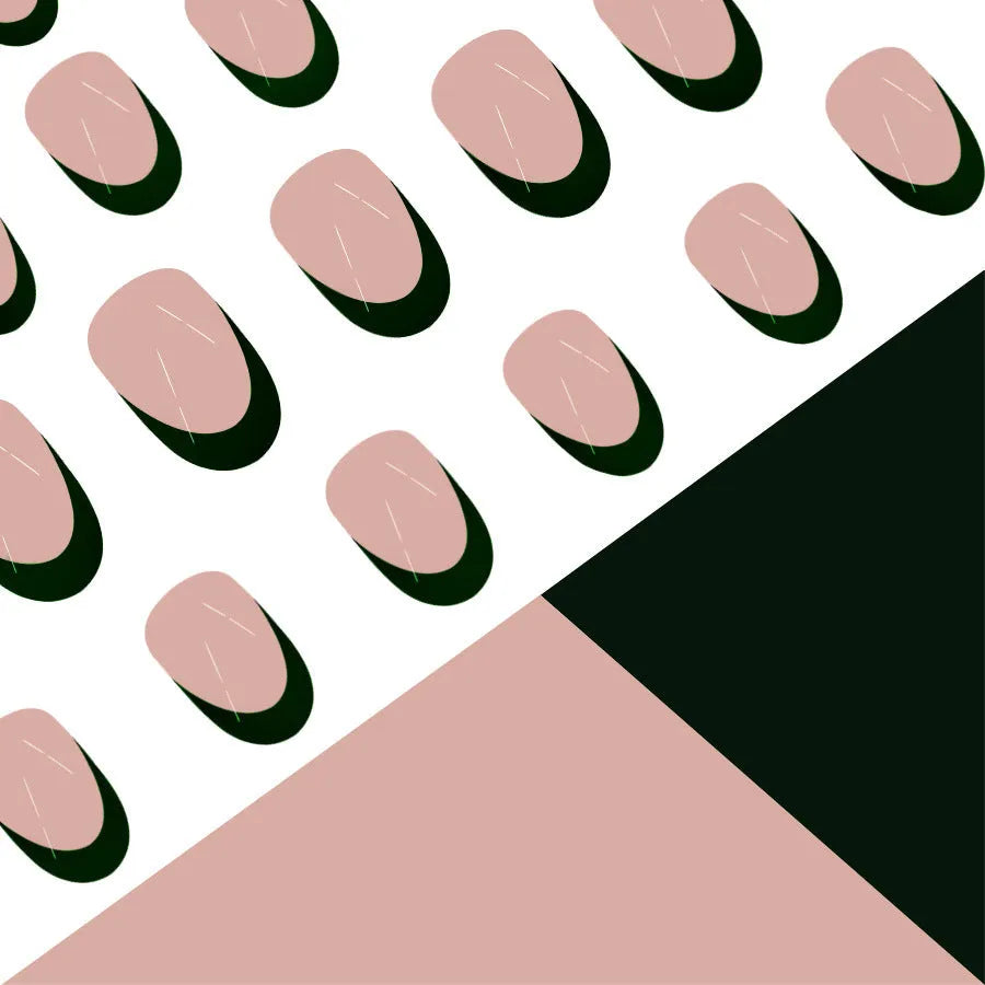 24 black French style false nails with short almond shape arranged on a card