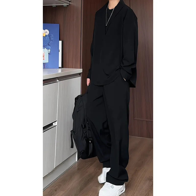 Men's apricot colour long sleeve polo shirt and trousers casual suit set on a hanger