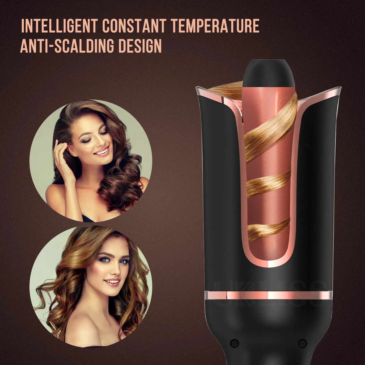 Black automatic hair curler with negative ion technology and tourmaline ceramic barrel 16mm-20mm