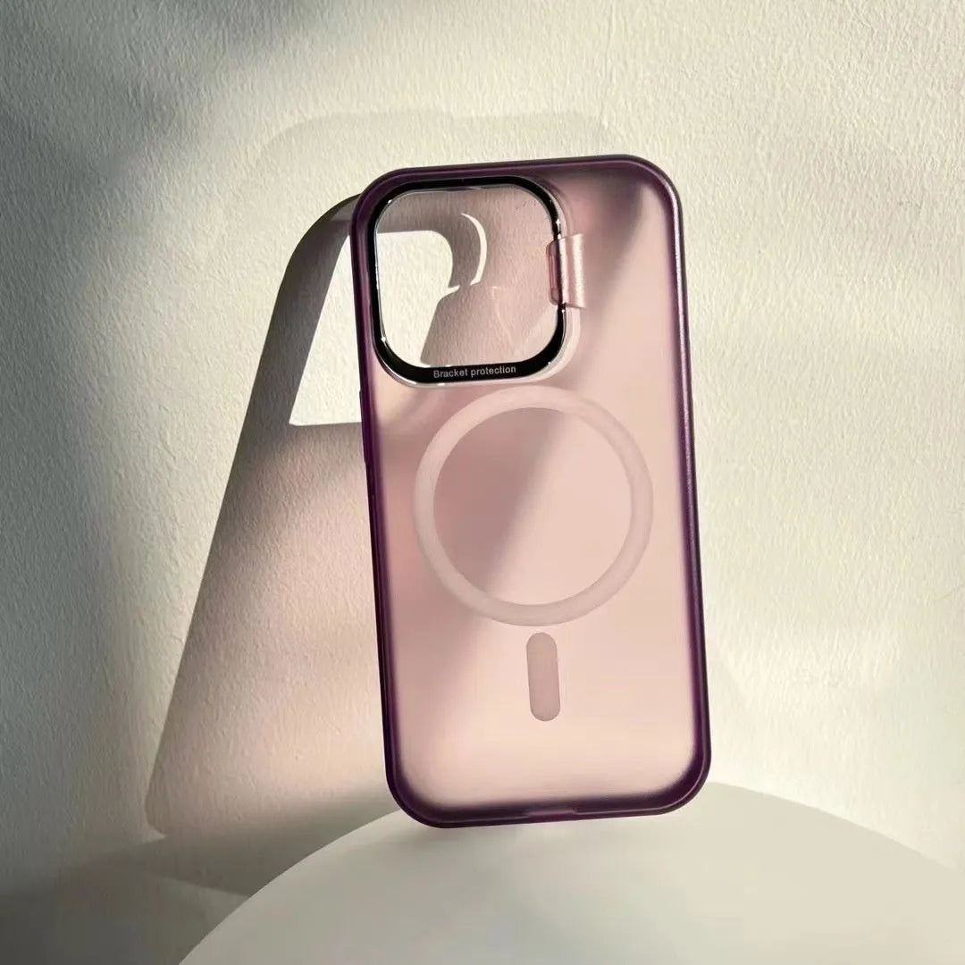 Metal PC frosted magnetic phone case with invisible bracket for iPhone 12-15 series