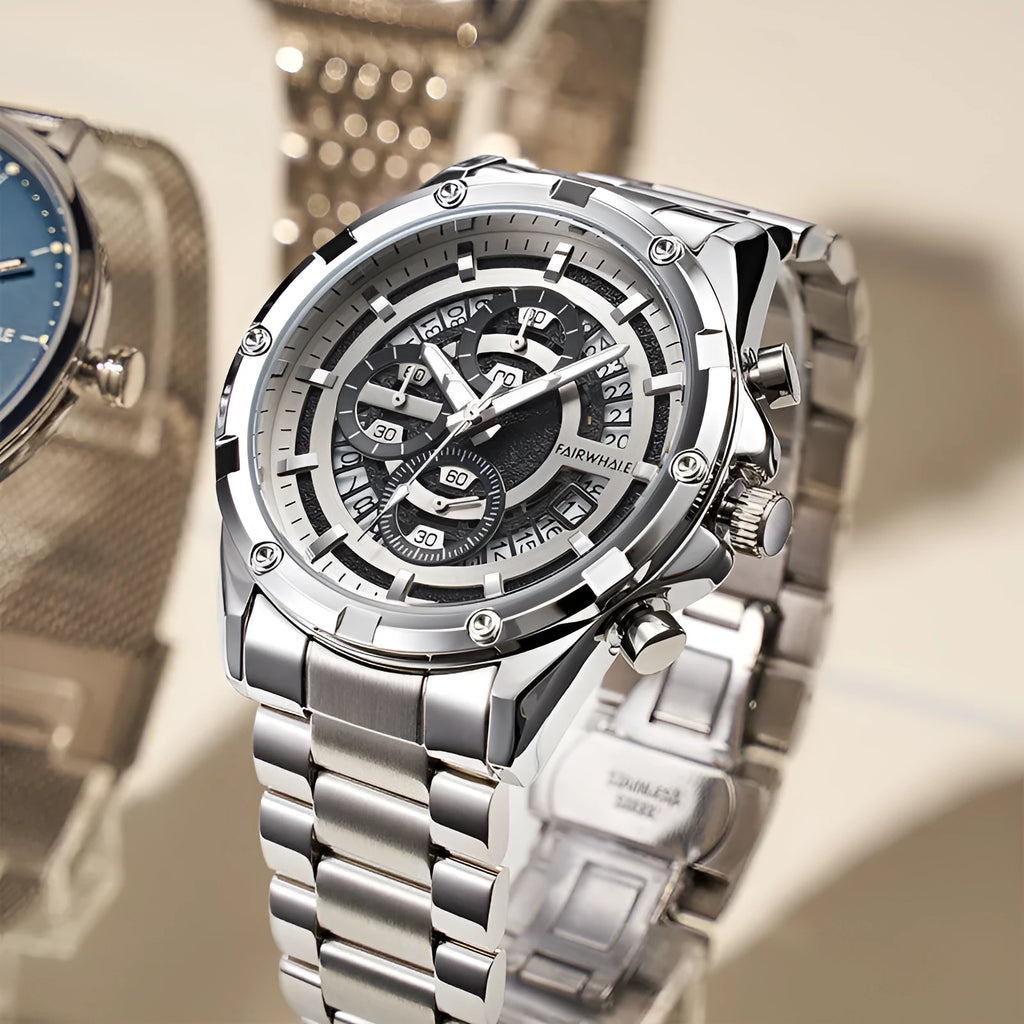 Men's waterproof quartz watch with luminous markers on stainless steel bracelet in three colour variations