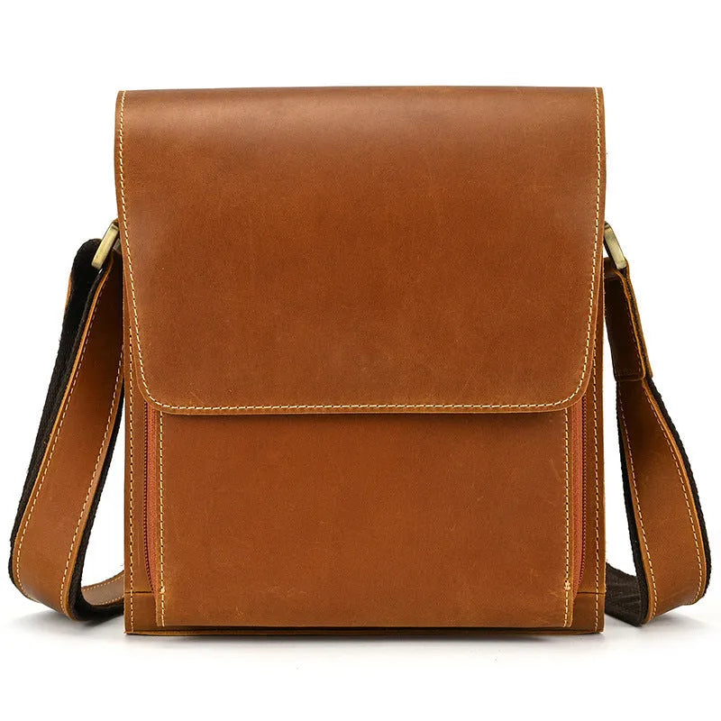 Men's brown leather crossbody bag with first layer cowhide and European retro styling