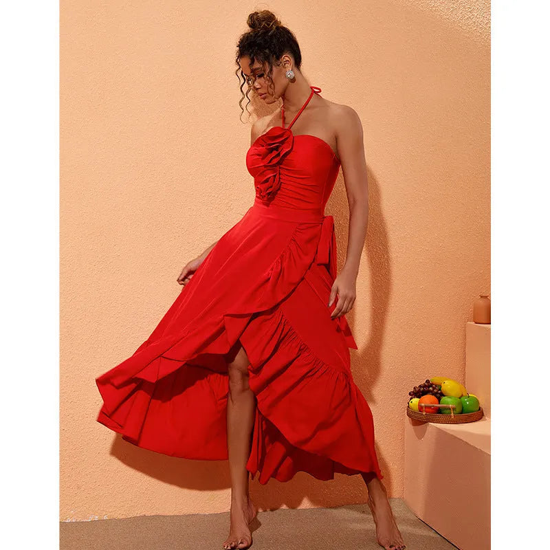 Red floral women's one-piece swimsuit with V-neck, open back, and detachable skirt