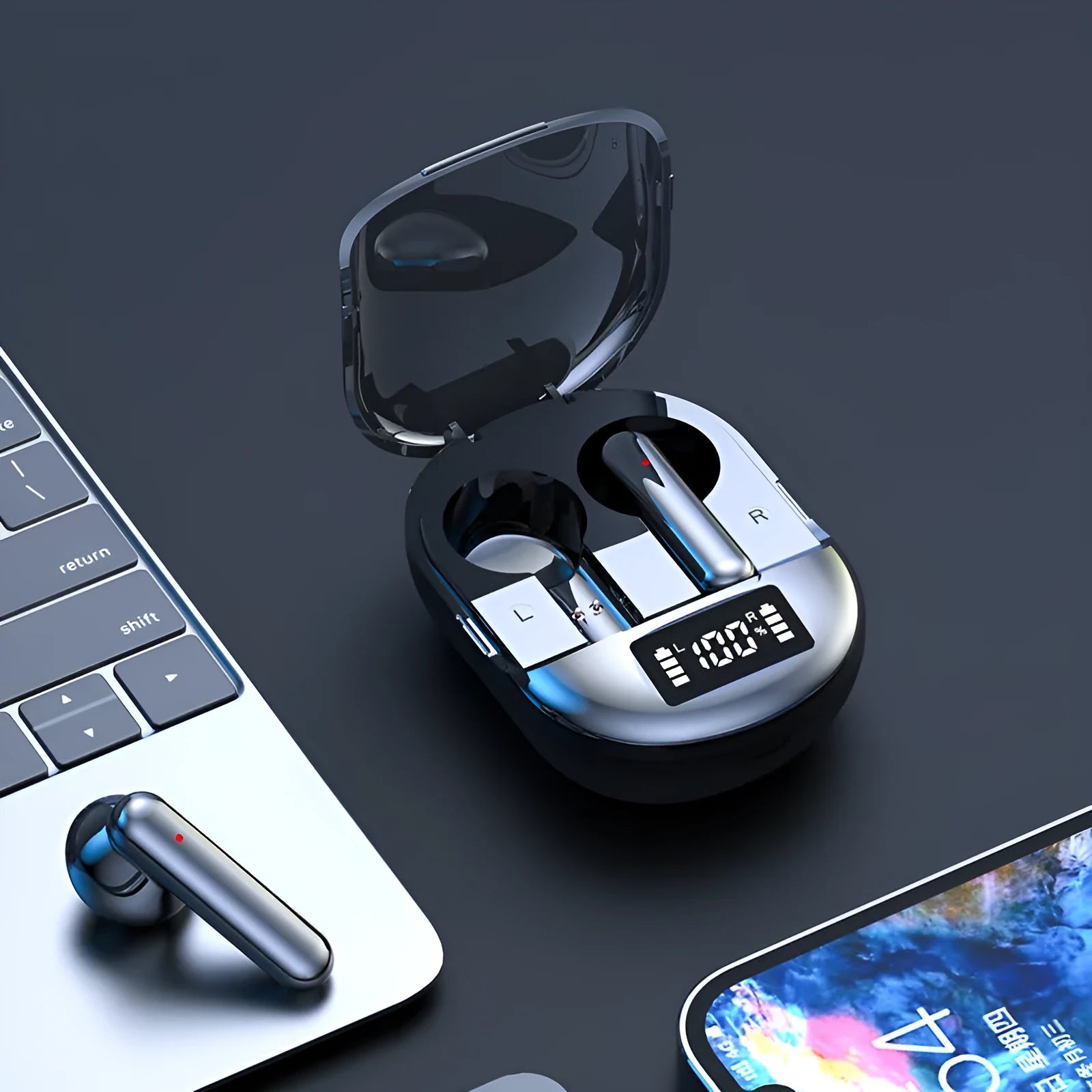 Black and white wireless Bluetooth in-ear headphones with a charging bin.
