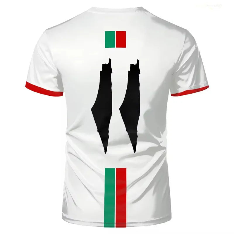 Black and white football t-shirt with 3D printed design showing dimensional patterns on regular fit garment