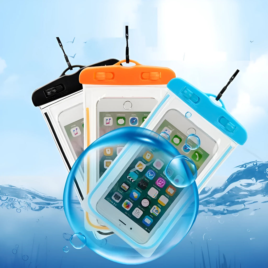 Transparent waterproof phone case in various colours showing phone screen visibility and touch functionality