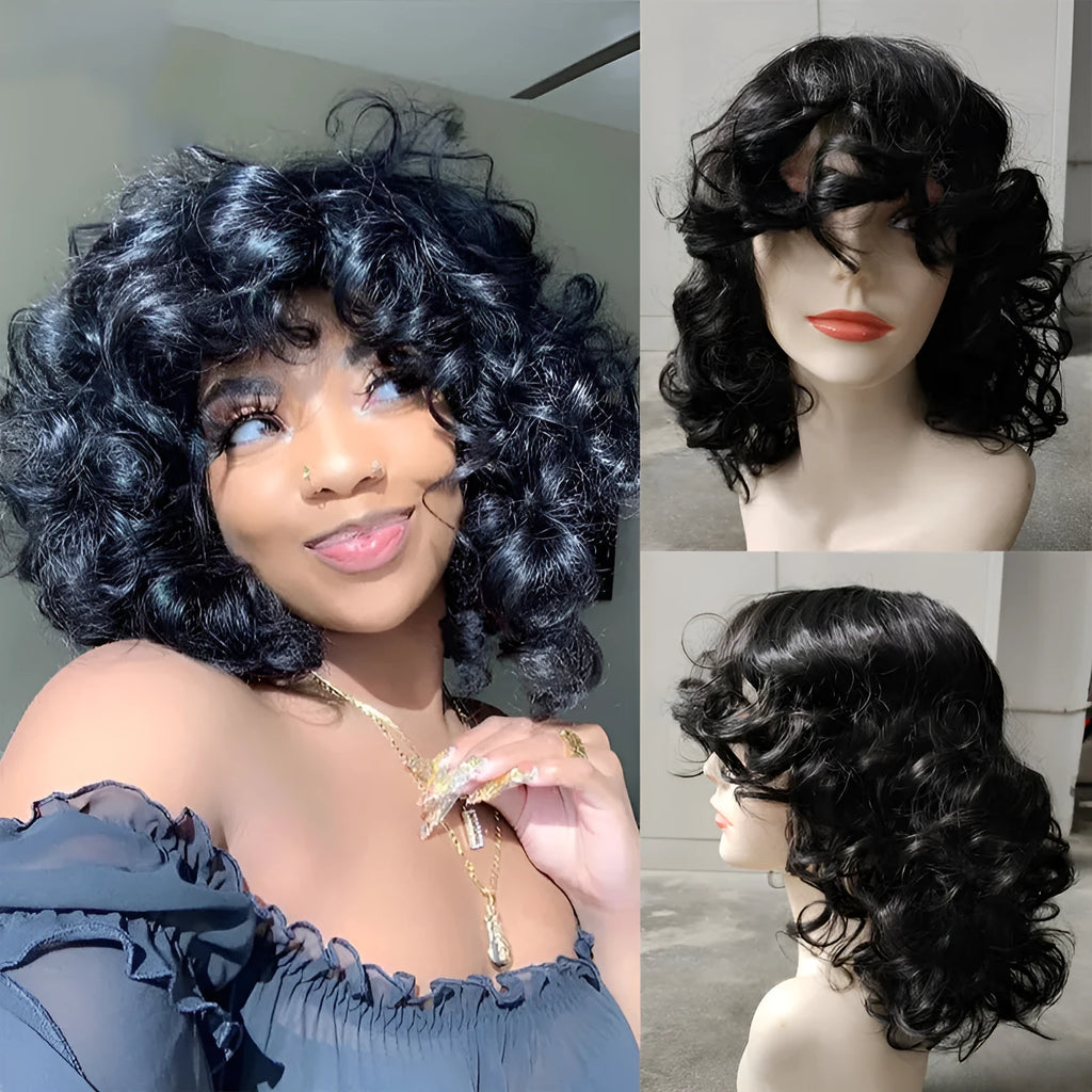 Black synthetic Afro wig with long curly hair in short European American style
