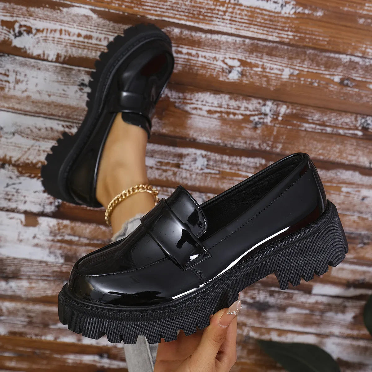 Plus size women's slip-on loafers with chunky platform heel in black, wine red, or green options