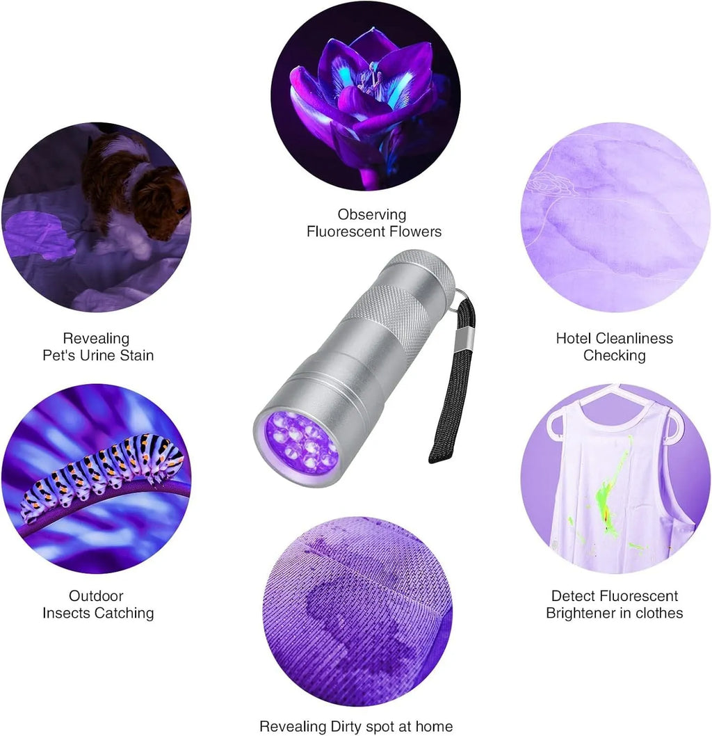 Black or silver UV flashlight torch for detecting pet urine, bed bugs, and scorpions