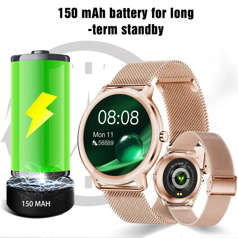 Women's waterproof smart watch with stainless steel strap and 1.3-inch touch screen in rose gold or silver