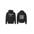 Black collarless drop-shoulder sleeve polyester hoodie on a hanger