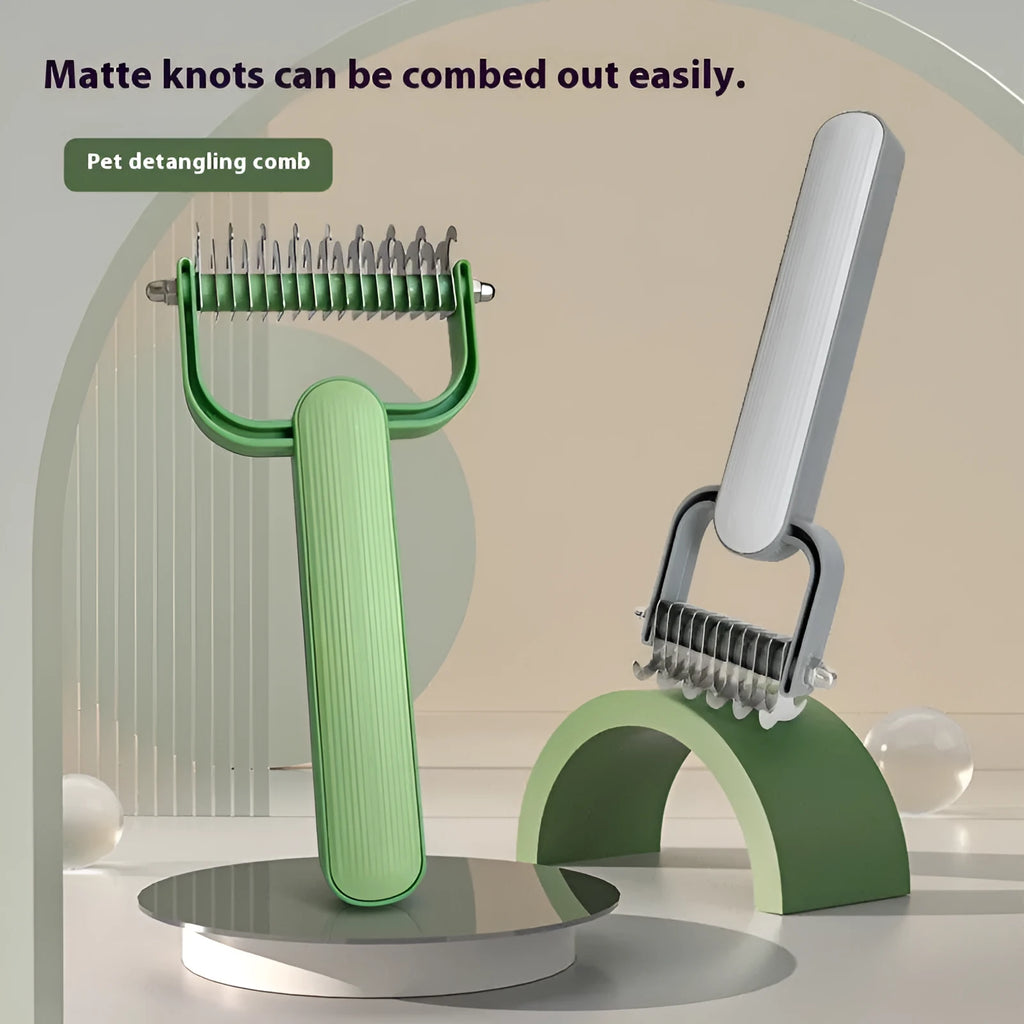 Green and grey dog unknotting comb with stainless steel blade and plastic handle in large and small sizes.
